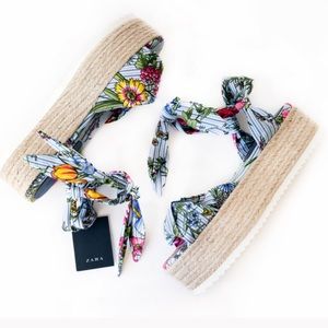 Zara floral tie raffia wedges size 39/8.5